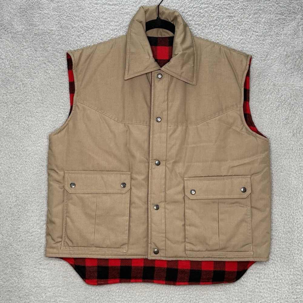 Appalachian Trail Men's Tan Red Plaid Hunting Trail Vest Size Large Pockets Snap